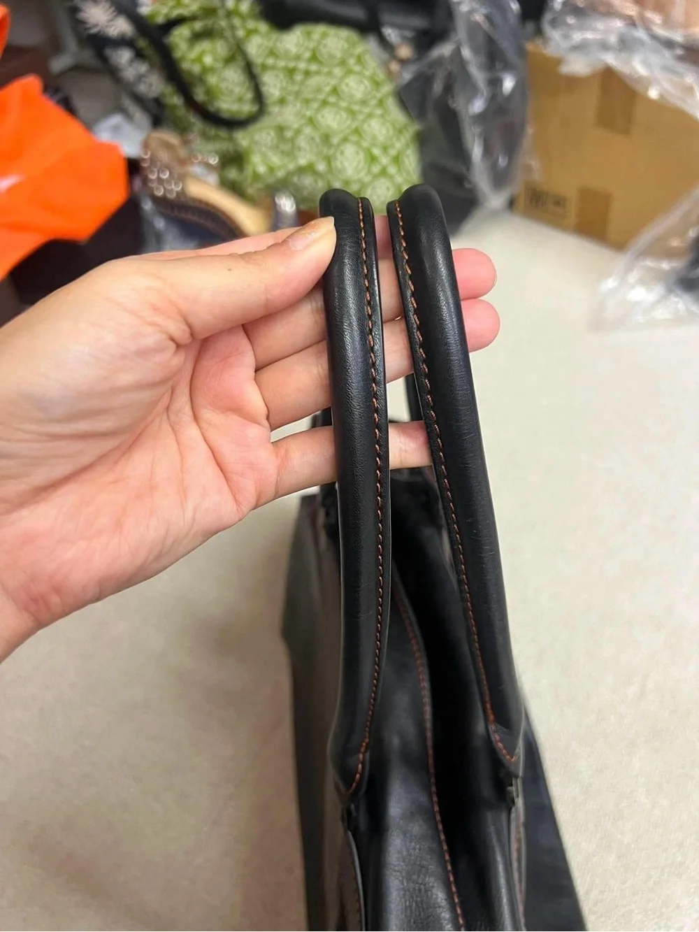 Longchamp Black Leather Tote with Brown Contrast Trim